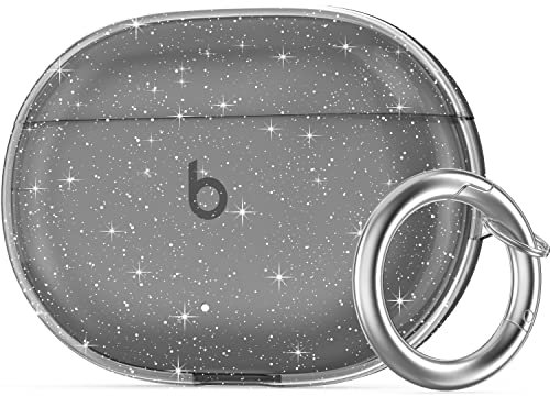 NIUTRENDZ Clear Case for Beats Studio Buds Case Soft TPU Protective Cover with Carabiner Compatible with Beats Studio Buds (Glitter Black)
