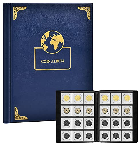 120 Pockets Coin Flip Holder Albums, 2x2 inches Coin Storage Books for Coin Cardboard Collection Holders, Collection Book Sleeves Supplies for Collectors- Blue Earth(Coin Flips not Included)