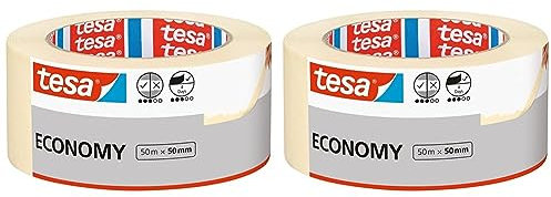 tesa Malerband ECONOMY - Vielseitiges Klebeband für Malerarbeiten ohne Lösungsmittel - Bis zu 4 Tage nach Gebrauch rückstandslos entfernbar, 50 m x 50 mm (Packung mit 2)