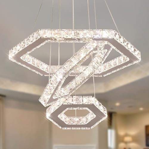 Finktonglan Moderner LED-Kristall-Kronleuchter 3 Ringe Pendelleuchte Verstellbare Edelstahl-Kronleuchter Deckenleuchte für Wohnzimmer Esszimmer Schlafzimmer (dimmbar)