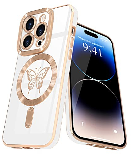Lafunda für iPhone 14 Pro Max Hülle Glitzer Muster Antik-weiß | Kompatibel mit MagSafe Magnetisch Handyhülle Kamera-Vorsprung Vergoldung Glitzer Schmetterling Mädchen Stoßfest Schutzhülle