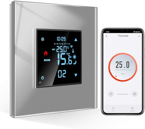 CNBINGO Smart Thermostat Unterputz mit Kristall Glasscheibe WLAN Digital Raumthermostat Kompatibel mit Alexa Echo, Google Assistant, 16Amp, Gray