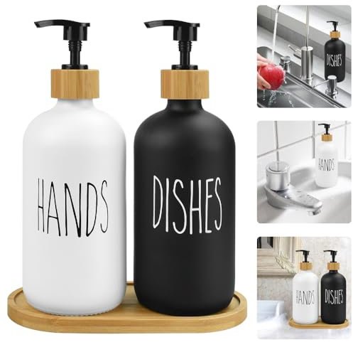 ADERTOS Hand and Dish Soap Dispenser Set, 500ml/17oz Hand Wash Dispenser Refillable Glass Soap Dispenser Bottle with Pump, Lotion Pump Bottle Dispenser with Wooden Base for Bathroom (Black & White)