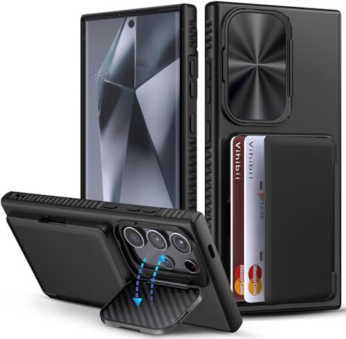 Vihibii for Samsung Galaxy S24 Ultra Case Wallet with Card Holder (4 Cards) & Stand & Camera Protective Cover, Hard Back Soft Edge Shockproof Kickstand Phone Case for Samsung S24 Ultra 6.8, Black