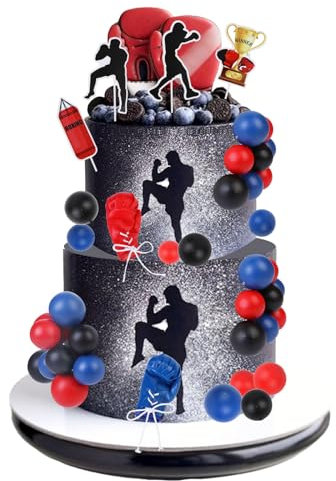 Cheereveal Boxing Cake Decorations - Blue Black Sports Theme Cake Cupcake Toppers, Boxing Theme Birthday Party Baby Shower Photo Props