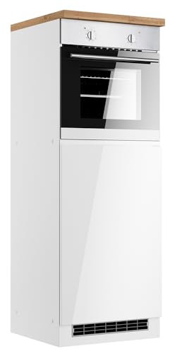 Lomadox Küchenschrank Umbauschrank für Kühlschrank und Backofen 60 cm, Hochglanz weiß, Arbeitsplatte Eiche