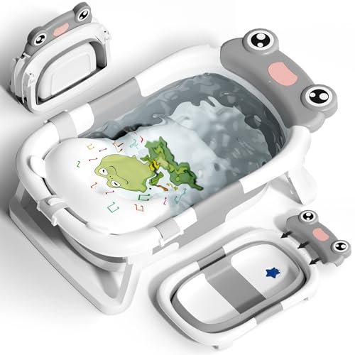 COOSEYA Baignoire Pliable pour Bébé, Nouveau-Né à Bambin, Grise, Inclut Coussin de Bain, Bouchon d'Évacuation, Pour Voyages et Extérieur