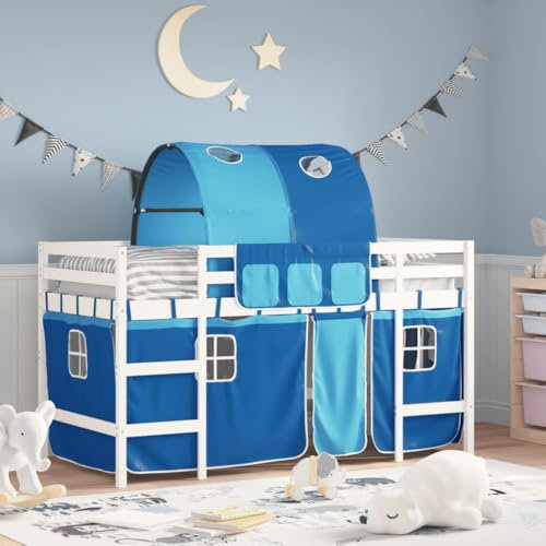 Kelaflaf Hochbett für Kinder, halbes Bett mit blauen Vorhängen und Tunnel Schlafzimmermöbel für Spaß und Raumoptimierung, Weiß 205,5 x 95,5 x 113,5 cm