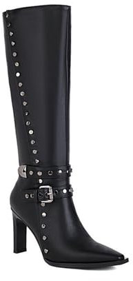 GHSIRUEU Donna Stivali Alti al Ginocchio Moda Stivali Alti da Donna con Fibbia e Borchie Stivali Foderati Caldi con Cerniera,Nero,45 EU