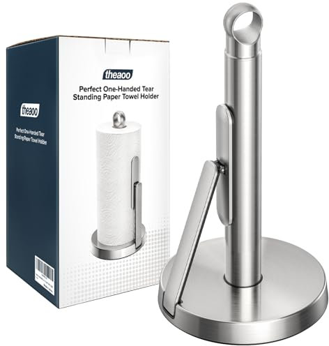 theaoo Robuster Edelstahl-Papierhandtuchhalter mit Spannarm, einfaches Einhandreißen, moderner stehender Arbeitsplattenspender für die Küche, hält alle Papierhandtuchrollen (1, Silber)