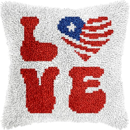 QIONG MENG Latch Hook Kits for Adults, DIY Love Stars American Flag Patriotic 4th of July Pillow Cover Kit Needlework Cushion Cover Hand Craft Crochet for Home Sofa Decorations 17 x 17 Inch