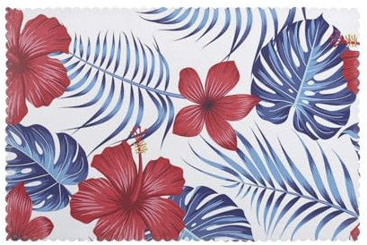 Red Hibiscus Flowers Tropical Plant Leaves Dinner Plate Mats Set of 6 12x18 Inch, Heat Resistant Non-Slip Table Mats for Holiday Banquet Kitchen Table Decoration