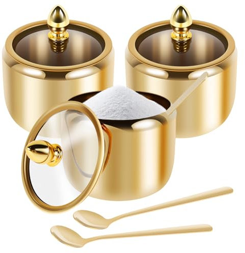 VAVPUP 3set 304 Stainless Steel Sugar Bowls 10oz Modern Gold Canisters with Sealed Glass Lids & Spoon Slot,Dishwasher-Safe for Seasoning Sugar Salt Coffee Bean (Gold)