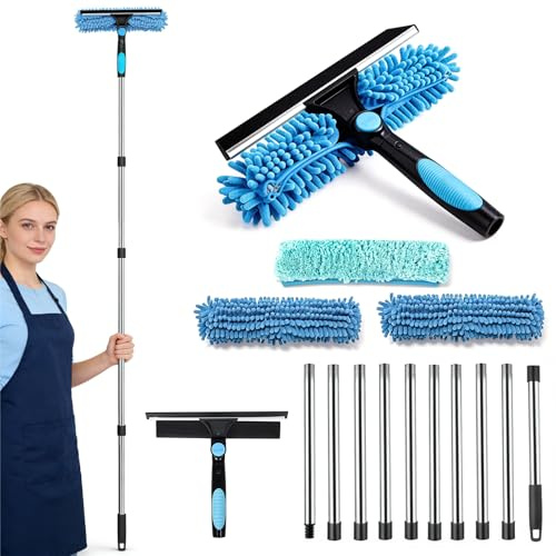 Fensterreiniger Set, Teleskopstiel 390 cm, mit Drehbarem Kopf 180° | Für hohe Fenster, Dusche, Auto, Spiegel, Inkl. Mikrofaserbezüge