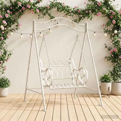 Runheo Schaukelbank Stahl Antik Weiß 113 x 121,5 x 168 cm mit Bodenankern und verstellbaren Ketten, Gartenschaukel Outdoor wetterfest für Terrasse Balkon Veranda zum Entspannen Sitzen Liegen