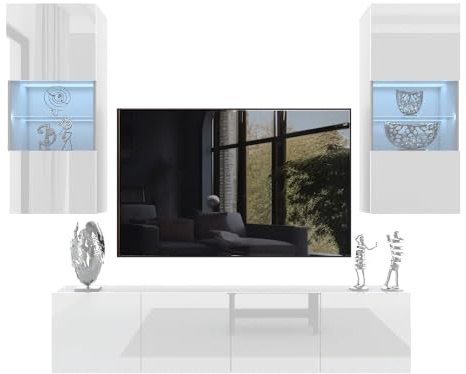 Belini Milano 7 Wohnwand Schrankwand TV-Schrank 200cm Weiß Hochglanz | Wohnwand mit grifflosem System, weiße Korpusse, DECOR ECONATURA kratzfest, Gasliftsystem, Wandmontage, Anbauwand, TV-Möbel