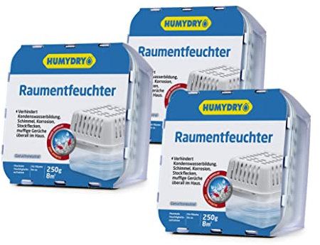 Lote HUMYDRY 3 aparatos antihumedad Compact 250g. Deshumidificadores sin enchufe para espacios pequeños hasta 8m². Absorbe la humedad en baños, armarios y despensas