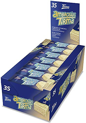 Tirma Ambrosia ricoperta di cioccolato bianco 752.5g | Barrette di wafer croccanti ripiene di crema | Cioccolatini delle Canarie confezionati singolarmente | spuntino vegetariano senza uova | 35 pezzi