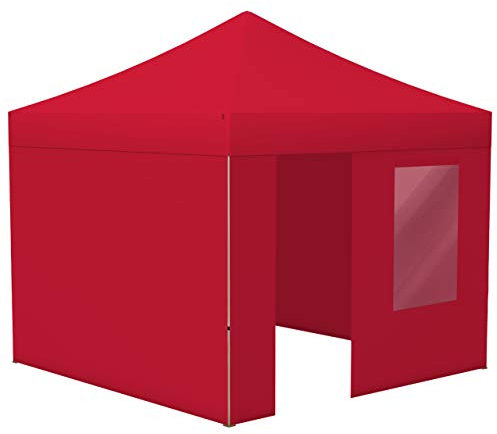 Vispronet Profi Faltpavillon Basic 3x3 m in Rot, Stahl-Scherengitter, 4 Seitenteile - Davon 1 Wand mit Tür & Fenster (weitere Farben & Größen)