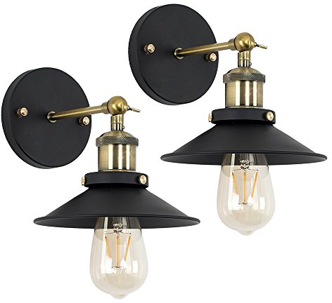MiniSun | Industrial Steampunk Style Black and Antique Brass Wall Lights with Tapered Shades | Wall Lamps & Sconces, Home Décor & Improvement Essential | Set of 2 | Mains Wired