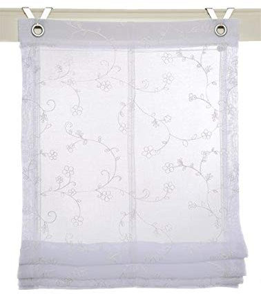 Deco4Me Raffrollo Ösenrollo Hakenrollo 100x140 weiß Rosen ohne Bohren Vorhang Gardine