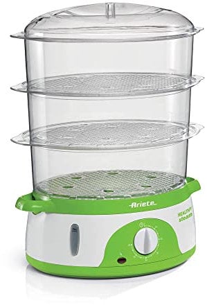 Ariete 911 Healthy Steam - Vaporiera Elettrica - 3 Cestelli - Contenitore per riso - Timer 60’ - 800 Watt - 9 Litri - Bianco e Verde