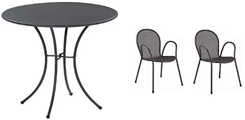 Tisch für den Außenbereich Pigalle Kiss Durchmesser 60 cm + 2 Sessel Ronda - aus verzinktem und pulverbeschichtetem Eisen - Farbe Antik Eisen Muster 22 - Produkt Made in Italy