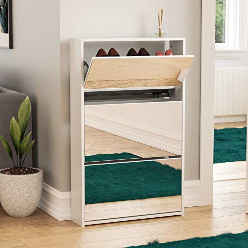 Vida Designs Welham 3 Drawer Mirrored Shoe Cabinet, Hallway Cupboard Storage Organiser, Footwear Stand Rack, Wood Sideboard Unit, White