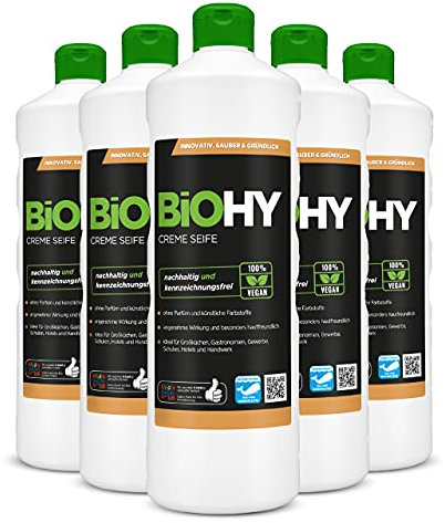 BiOHY Creme Seife (6 x 1 Liter) | Hautschonende, rückfettende & geruchsneutrale Handseife | flüssiger Nachfüllpack mit pflanzlichen Inhaltsstoffen | auch für das Gesicht geeignet
