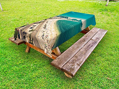 ABAKUHAUS Vintage Strand Outdoor-Tischdecke, Copacabana-Strand-Kunst, dekorative waschbare Picknick-Tischdecke, 145 x 305 cm, Mehrfarbig