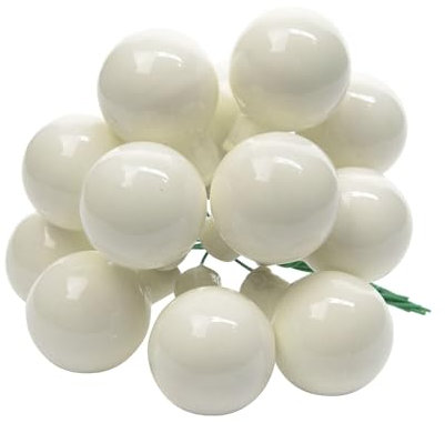 Weihnachtskugeln am Draht Glas 2cm x 12 Stück Spiegelbeeren Mini wollweiß elfenbein ivory glänzend / Grappolo 12 Weihnachtskugeln Durchmesser 2 cm weiß emaillierte Wolle