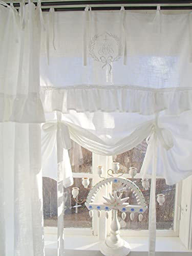 LillaBelle Raff Gardine Lara Weiß 120x120 cm Spitze Volant Bestickt Vintage Landhaus Shabby