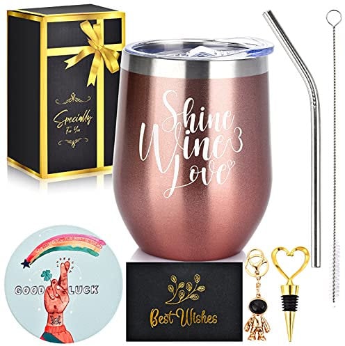 ONMIER Women Men Gifts - Birthday Valentines Day Christmas Holiday for Ladies, Coworkers and Friends - 12 oz Wine Tumbler Cup Set, Thank You Anniversary Appreciation Farewell Present (Rose Gold 02)