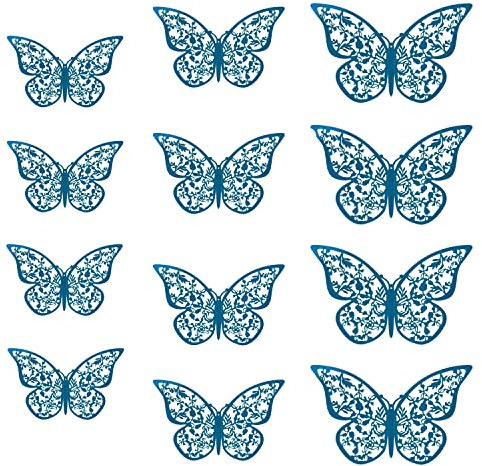 Oblique Unique® 3D Schmetterlinge 12er Set Glänzend Dekoration inkl. Klebepunkte Wandtattoo Wandsticker Wanddeko in Gold oder Silber - Farbe Wählbar (Blau)