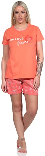 Normann Floraler Damen Shorty Schlafanzug kurz mit Schriftzug, Farbe:apricot, Größe:40-42