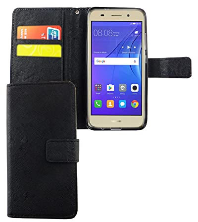 König Design Handyhülle für Huawei Y3 (2017) Kunstlederhülle mit Kartenfächer, Schutzhülle mit Standfunktion, Klapphülle Tasche - Schwarz