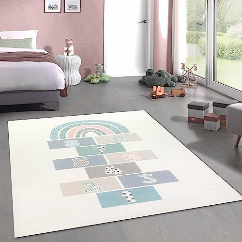 CARPETIA Kinderzimmer-Teppich pflegeleicht Hüpfkästchen weich in Creme 120x170 cm