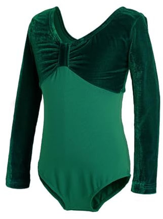 Mesduri Ballett Trikot Mädchen Kinder Langarm Bodys Samt Patchwork Offener Schritt Tanztrikot Ballettanzug Gymnastikanzug Sport Bodysuit (Schwärzlich grün, 130)