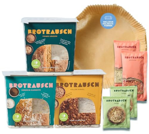 Brotrausch Brotbackmischung Kennenlernpaket Brot backen (3 x 400g) – inkl. Brotbackform, Teigzugaben & Toppings - natürlich, vegan, mit Dinkel & Vollkorn
