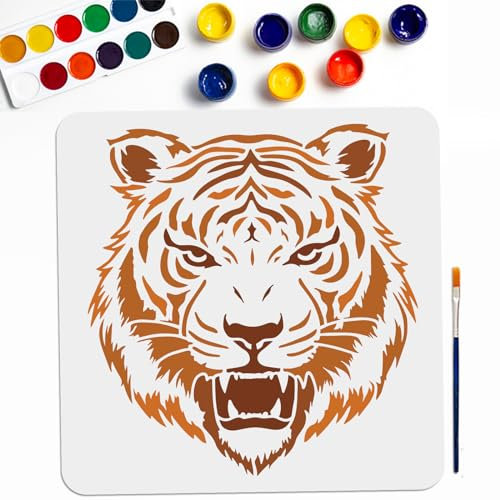 MAYJOYDIY Tiger Schablonen 30×30cm Große Tigerkopf Schablone Mit Pinsel Wiederverwendbare Tigergesicht Schablone Mit Wildtier Motiv Für Holz Leinwand Stoff Wand Möbel Dekor