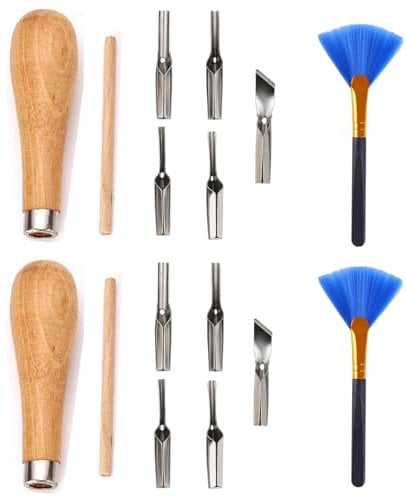 GIONAR 2 Set Lino Cutting Tools, Lino Cutting Printing Tool Kit, with 2 Cleaning Brushes, Linoleum Cutter Tools, for Printmaking Engraving, Sculpture Tools, Clay Sculpture, Handicrafts Engraving