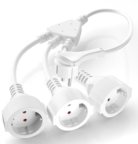 Doppelstecker für Steckdose, IP44 Strom Verlängerungskabel mit 3 Schuko Steckdose,Schutzkontakt Verlängerungskabel, 3 x 1,5 mm², 250V/16A, Gummikabel für Haus, Erweiterungen für Küche, Weiß