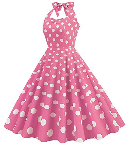 YAOJIWANG Femme Robe De Soirée Cocktail Vintage 1950'S Audrey Hepburn Pin-Up Robe De Soirée Cocktail Style Halter Années 50 Sexy Robe Rétro Rockabilly Swing Vintage Robe A Pois Chic Et Elegante