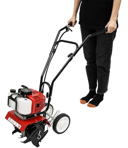 PUDLOR 52CC Gartenfräse Benzin, 2-Takt 1,9KW Gas Garten Kultivator mit 2 höhenverstellbaren Rädern und Vier Klingen aus Manganstahl mit 8,86“ Durchmesser für Pflügen Ackern Graben und Jäten