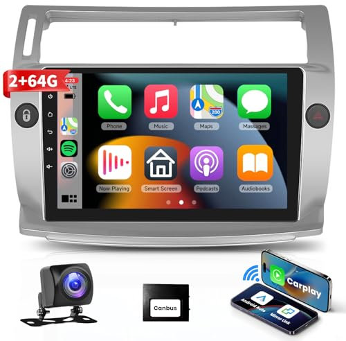 Podofo Carplay Autoradio für Citroen C4 2004-2010, 9“ Touch-Screen Autoradio 2G+64G mit Wireless A-pple Carplay Android Auto, Bluetooth/Mirror Link/GPS/WiFi/FM/RDS+Rückfahrkamera