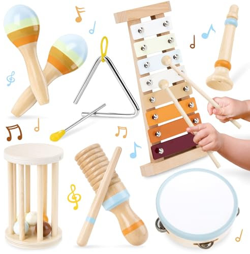 Funsland Instrument de Musique Bebe Jouet - Montessori Jeux en Bois Bebe Batteries et Percussions pour Enfants, Maracas, Xylophone Bebe, Enfant Jouet Musical Cadeau Fille Garçons 3 4 5 Ans
