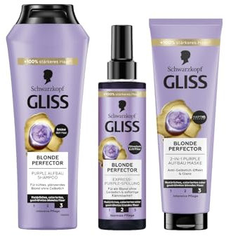 Gliss Blonde Perfector Purple Shampoo (250 ml) mit Anti-Gelbstich-Effekt & Express-Purple-Spülung Blonde Perfector (200 ml) zum Sprühen & 2-in-1 Purple Aufbau Haarmaske (150 ml) Haarkur