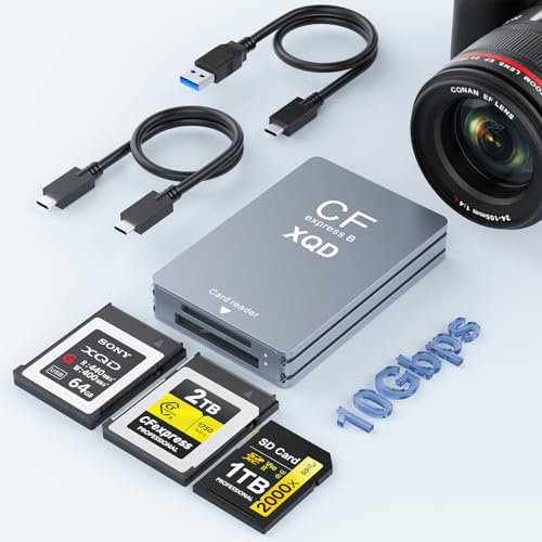 CFexpress Type B/XQD/SD Card Reader, Aluminum Dual-Slot USB 3.2 (Gen 2) 10Gbps CF Express Card Adapter with USBC to USBC-A/C Cable,CFexpress Type B Card Memory Reader for Windows/Mac/Android/Linux