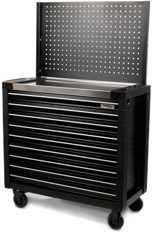 Mephisto Pro-Line Werkzeugwagen 'Big Black' gefüllt mit 9 Schubladen inklusive Werkzeug wie VDE Schraubendreher, Ratsche mit Nusskasten, Schraubendreher-Set in Soft Inlays in Carbon Lock mit Rückwand