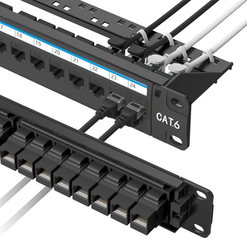 Jadaol Cat6-Patchpanel mit 24 Ports, RJ45-Koppler-Durchführung, 10 Gbit/s Ethernet-Patchpanel 1U, 48,3 cm Rackmount mit abnehmbarer Rückleiste, kompatibel mit Cat5, Cat5e, Cat6 Verkabelung